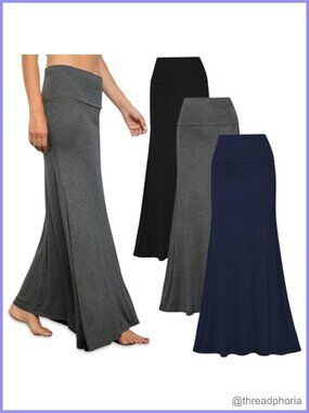 Stretchy Flowy Maxi Skirt 3 Pack High Waisted Fold Over Long Skirt